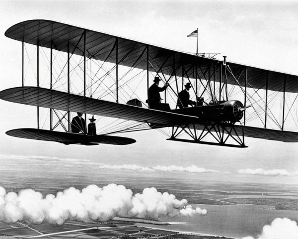 Vintage Biplane in Flight Over Scenic Landscape