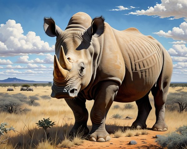 Rhinoceros in a Vast Savannah Landscape with Hills