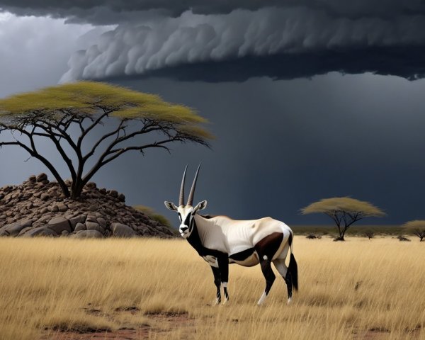 Majestic oryx in a savannah with dramatic sky