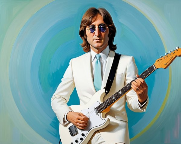 Musician in White Suit with Guitar and Cool Colors