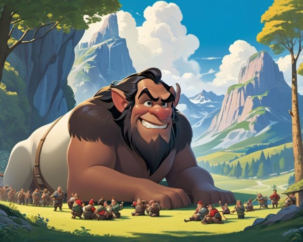 Jovial Giant Surrounded by Cheerful Gnome-like Characters