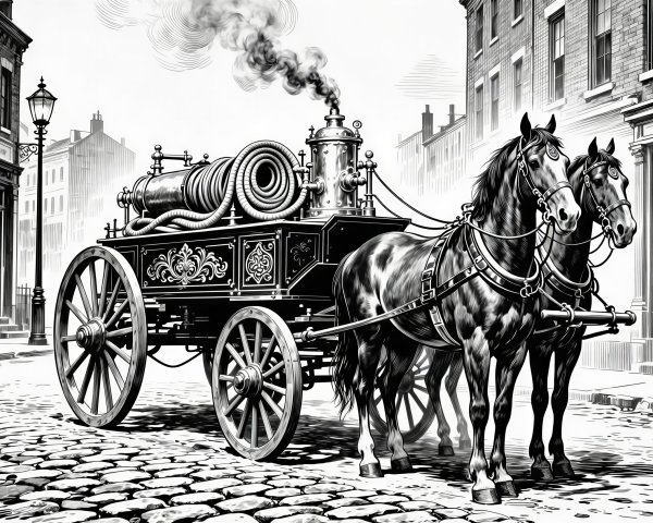 Ink Drawing of Horses Pulling 19th-Century Fire Engine