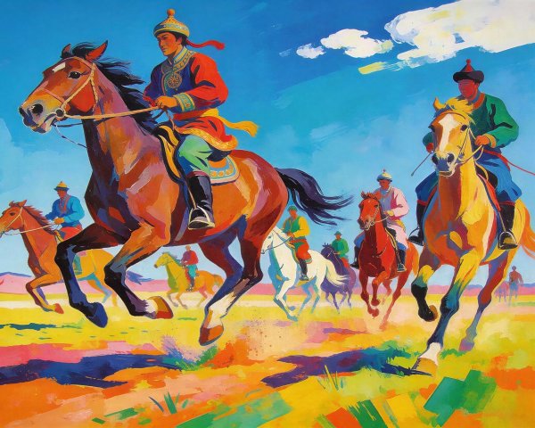Colorful Folk Art Painting of Horsemen Racing