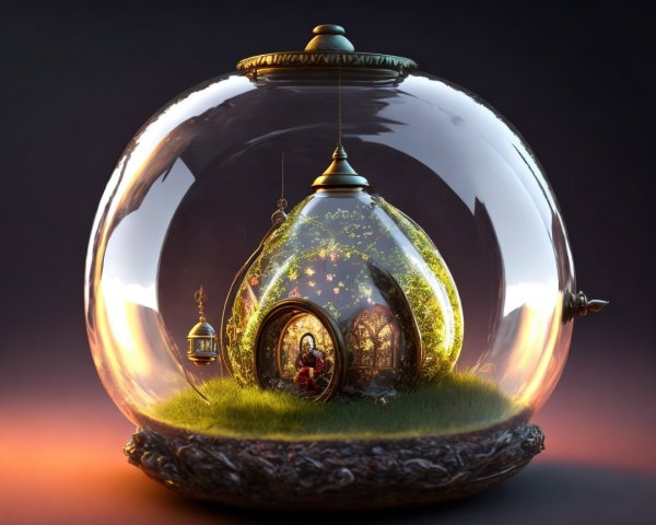 Whimsical Miniature Landscape in a Glass Dome