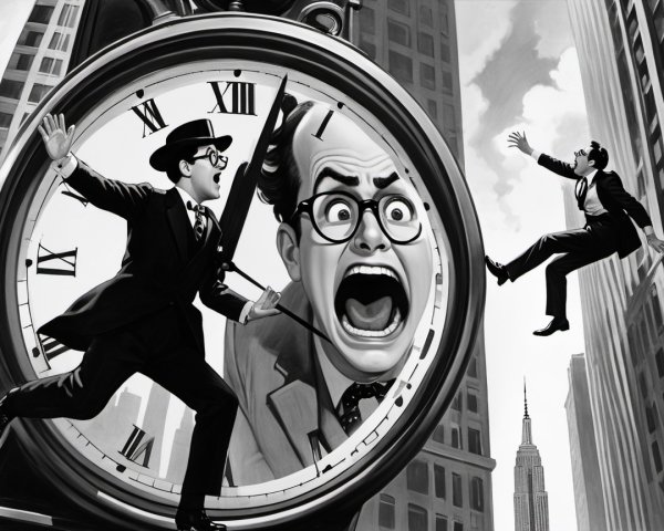 Dramatic Black-and-White Scene with Clock and Characters
