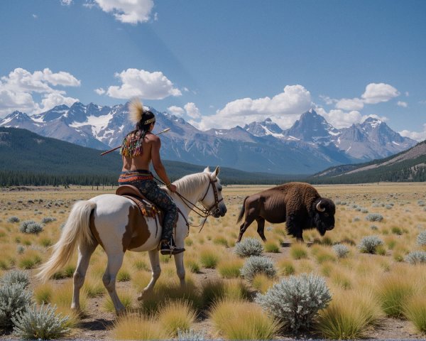 Rider on White Horse Observing Bison in Wilderness