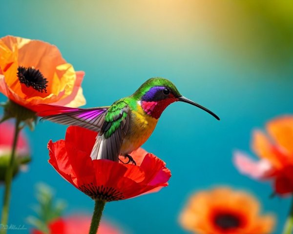 Iridescent Hummingbird on Poppy Flower in Nature