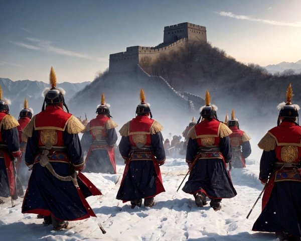 Soldiers in Traditional Armor by Ancient Wall in Snow