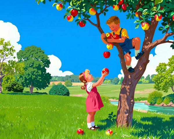 Whimsical Apple Picking Scene in a Sunlit Orchard