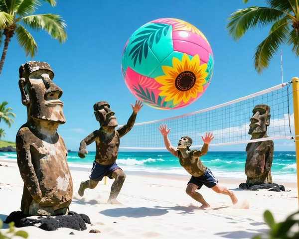 Giant Moai Statues Playing Volleyball on a Beach