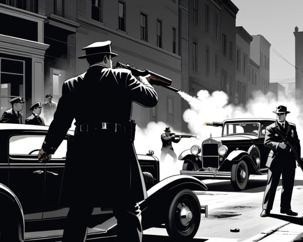 Police Officers in Monochrome Urban Gunfight Scene
