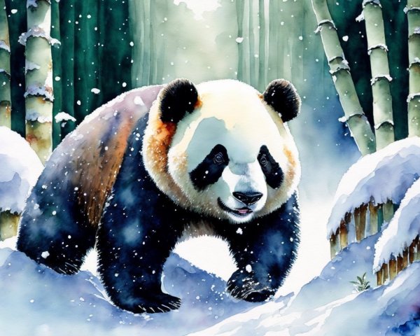 Panda in Snowy Bamboo Grove During Winter Scene