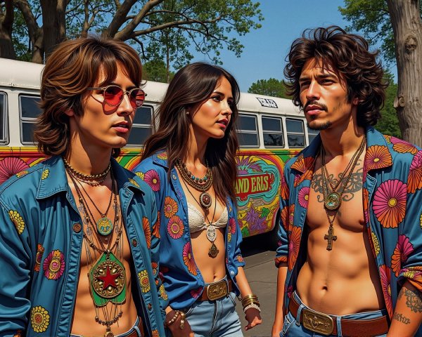 1970s Fashion: Three Individuals with Retro Bus