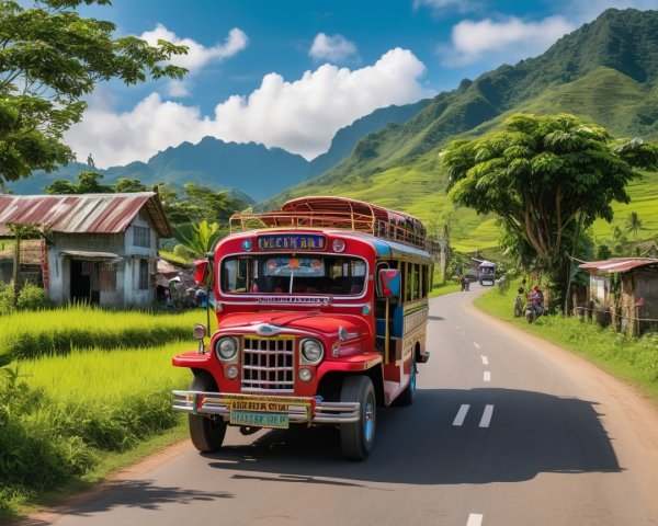 Vibrant Red Jeepney in Scenic Rural Philippines