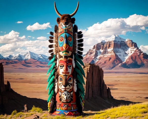 Vibrant Totem Pole Against Majestic Mountain Landscape