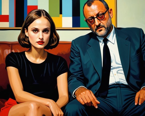 Serious Man and Woman Against Colorful Geometric Background