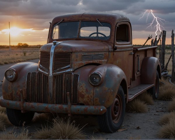 Rusty Pickup Truck in Field Under Dramatic Sky