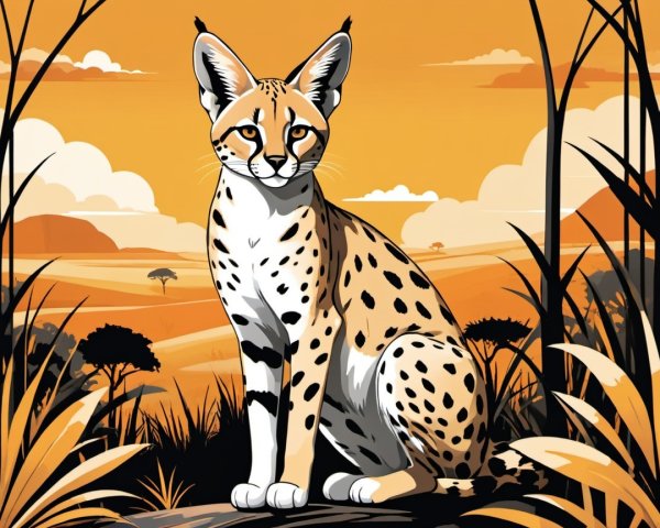 Stylized serval cat in vibrant landscape with hills