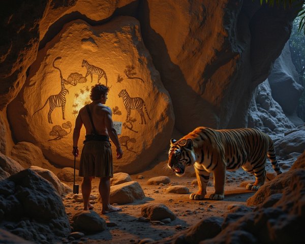 Muscular Figure Examines Ancient Tiger Rock Art