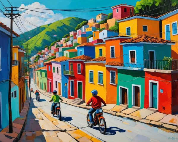 Vibrant hillside village with colorful houses and hills