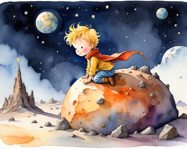 Watercolor Illustration of Boy on Rocky Planet in Space