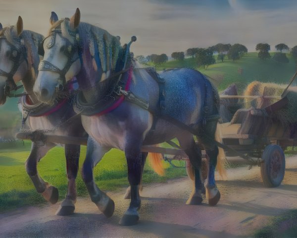 Rural Scene with Horses, Cart, and Sunset Landscape