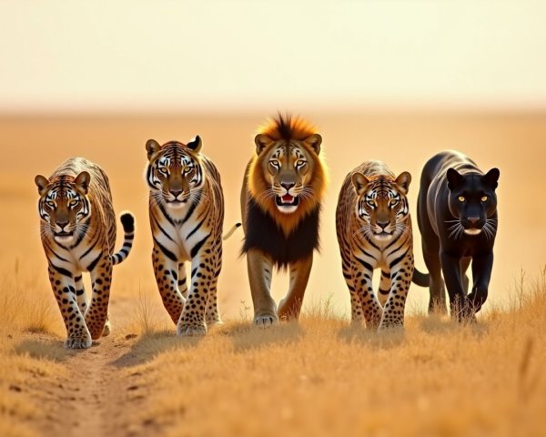 Majestic Big Cats Walking on Golden Savanna