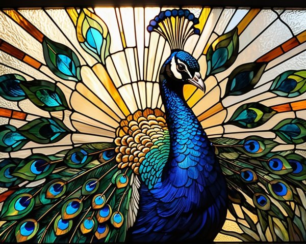 Vibrant Stained Glass Peacock Design with Sunburst Effect