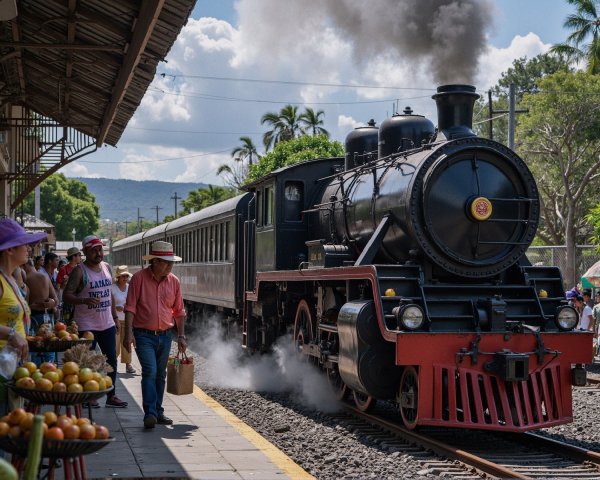 Vintage steam locomotive at a bustling train station