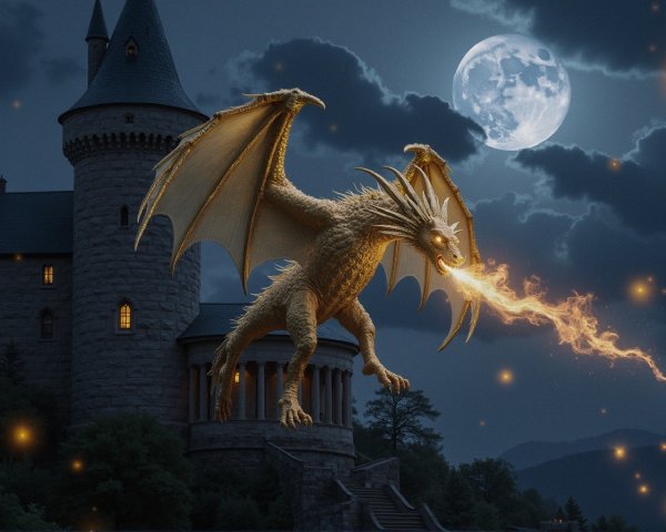 Golden-scaled dragon flying over a moonlit castle