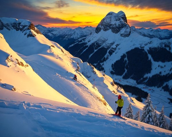 Snowy Landscape with Sunset and Skiers on Slopes