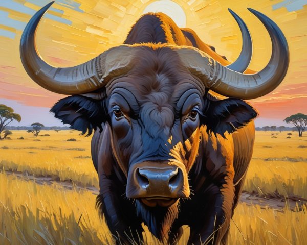 Buffalo in Golden Savannah with Acacia Trees and Sunset