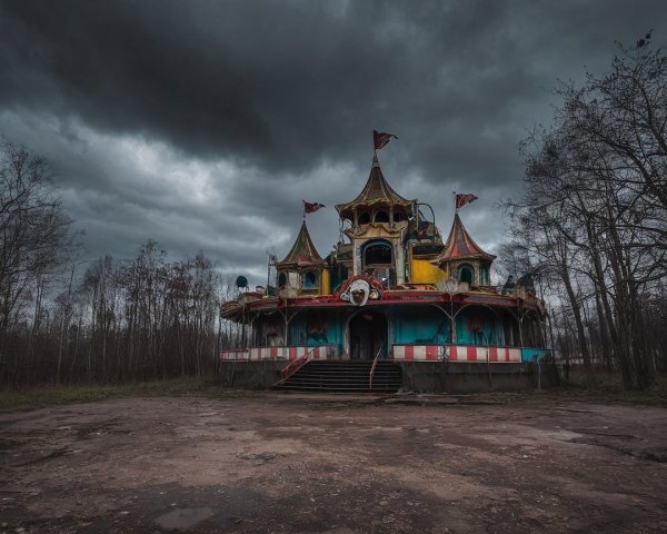 Abandoned Carnival Building Under Ominous Clouds