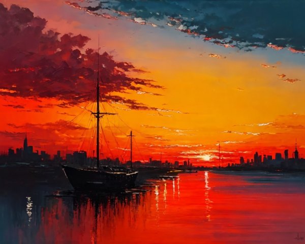 Vibrant Sunset Over Water with Silhouetted Sailboat