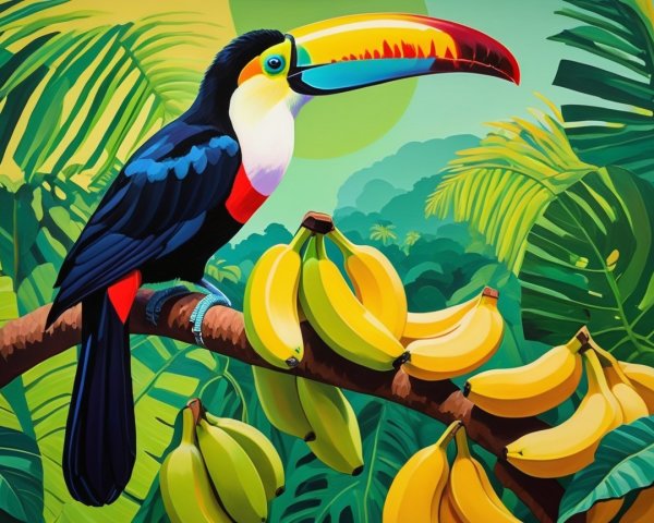 Vibrant Toucan Among Lush Jungle and Ripe Bananas