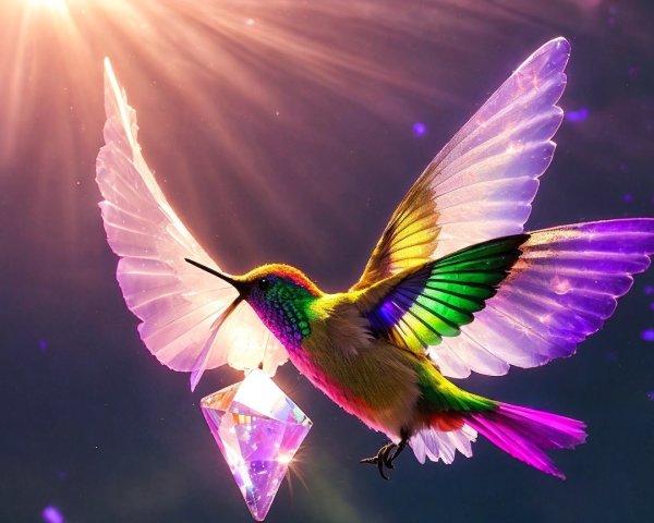 Vibrant Hummingbird with Crystal in Ethereal Light