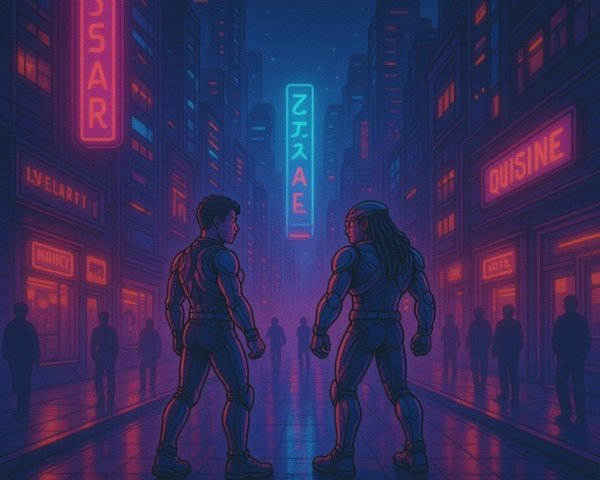 Futuristic Characters in Neon-Lit Cyberpunk Cityscape