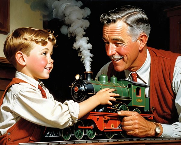 Painting of a man and boy admiring a toy train