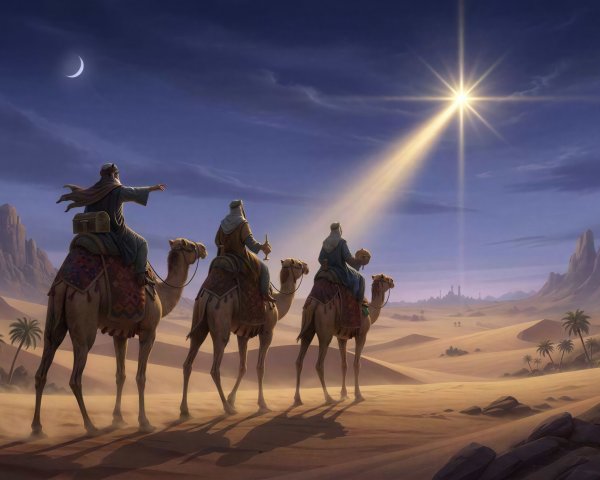 Three Figures on Camels in Desert at Night