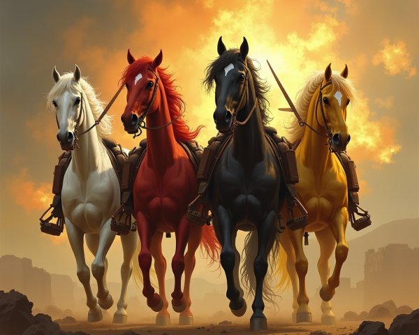 Horses in Sunset: White, Red, Black, and Golden Colors