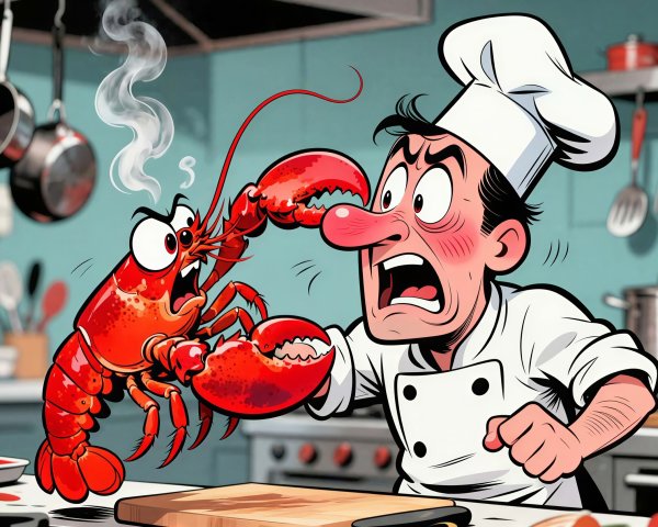 Cartoon Scene of Chef and Attacking Lobster in Kitchen