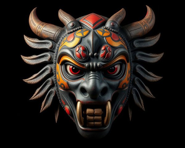 Menacing Dark Wooden Mask with Red Reflective Eyes