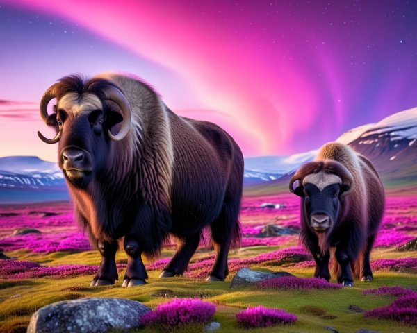 Musk Oxen in Field of Purple Flowers Under Aurora