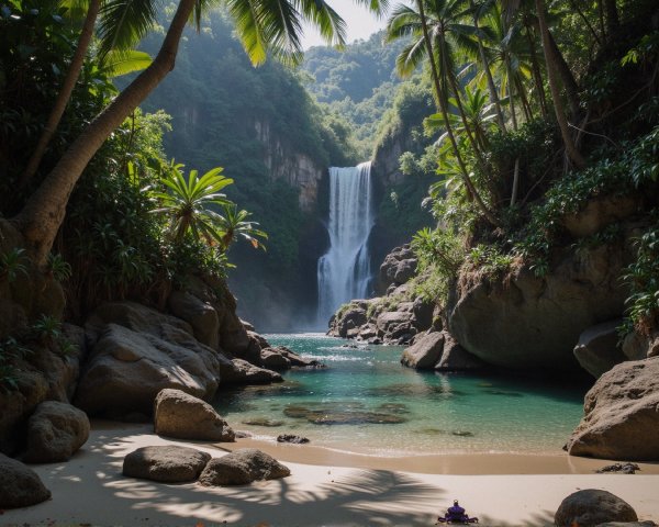 Serene waterfall cascading into a clear pool surrounded by greenery