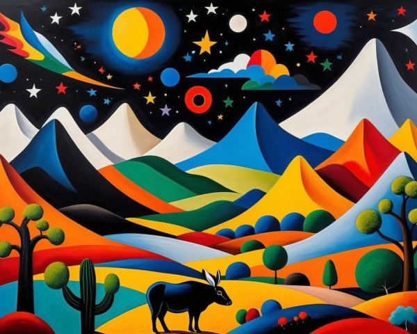 Vibrant Landscape with Stylized Mountains and Night Sky