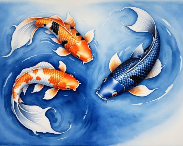 Japanese Watercolor of Three Koi Fish in Blue Pond