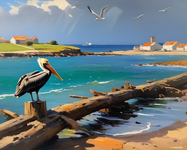Coastal Scene with Pelican and Quaint Cottages