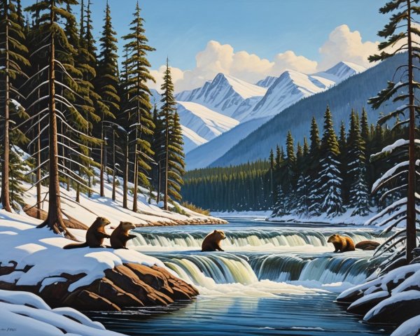 Serene Winter Landscape with Bears and Waterfalls