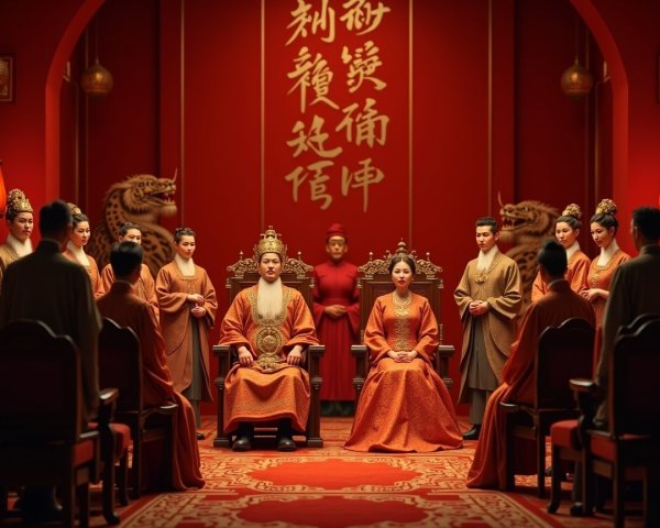 Royal Couple on Ornate Thrones in Opulent Setting