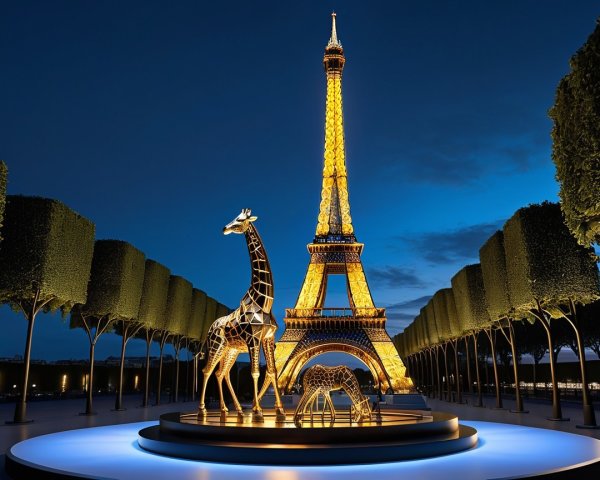 Eiffel Tower Park Scene with Golden Giraffe Sculptures